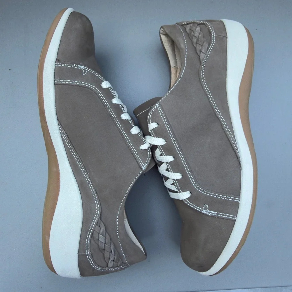 Aetrex Dana Leather Sneakers 10.5-11 Taupe Grey Braided Walking Shoes DM306WM
